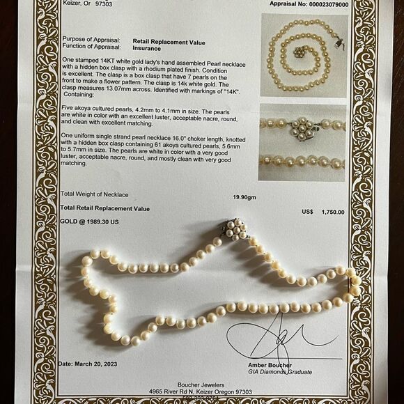 14k wht gold white Akoya pearl 16” choker necklace w/flower clasp, appraised